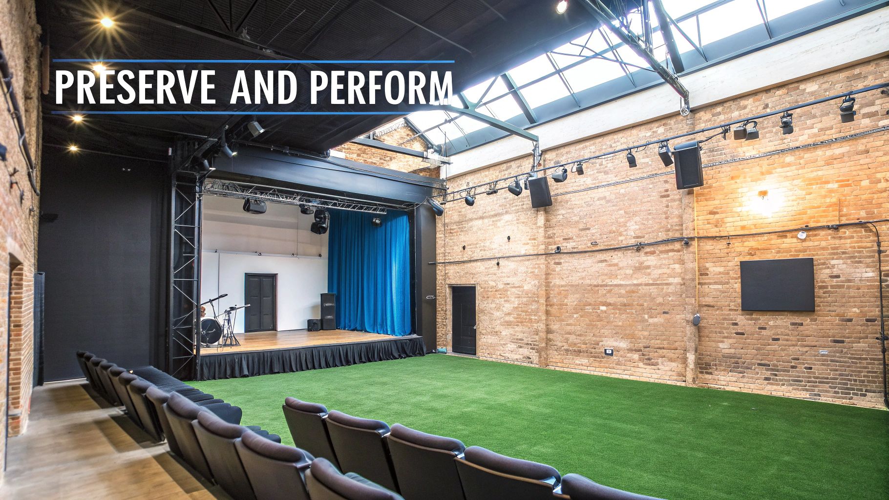 Modern warehouse theater with a stage, blue curtains, rows of seats, green turf floor, and brick walls.