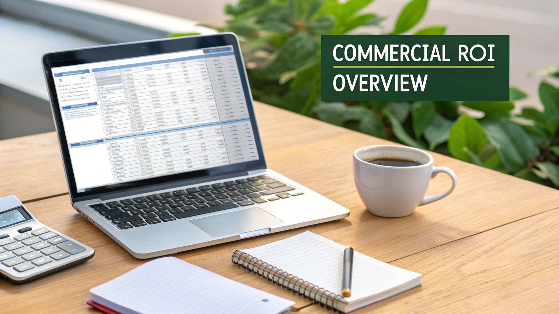 Desk setup with a laptop showing financial data, a calculator, notebooks, and coffee, with 'COMMERCIAL ROI OVERVIEW' text overlay.