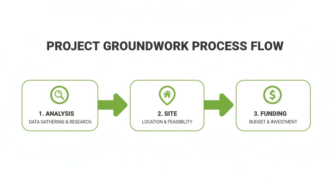 Flowchart illustrating the project groundwork process: Analysis, Site, and Funding, with icons.