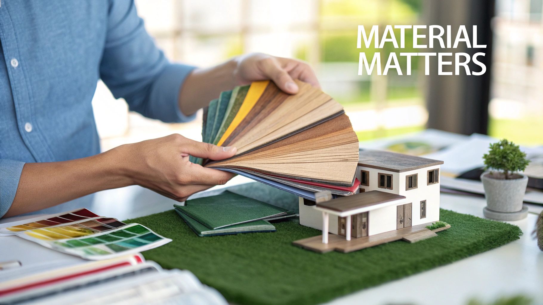 A person holds a fan of wood and color material samples next to a model house, indicating design choices.