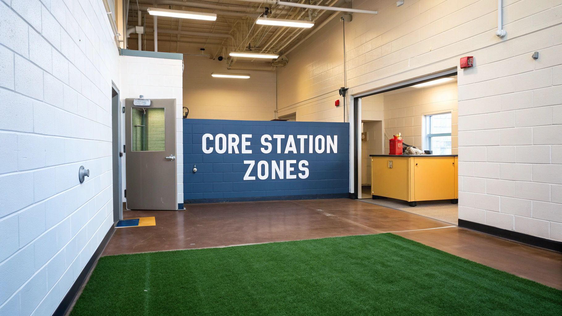 Interior view of a fire station with a "CORE STATION ZONES" sign, green turf, and equipment area.