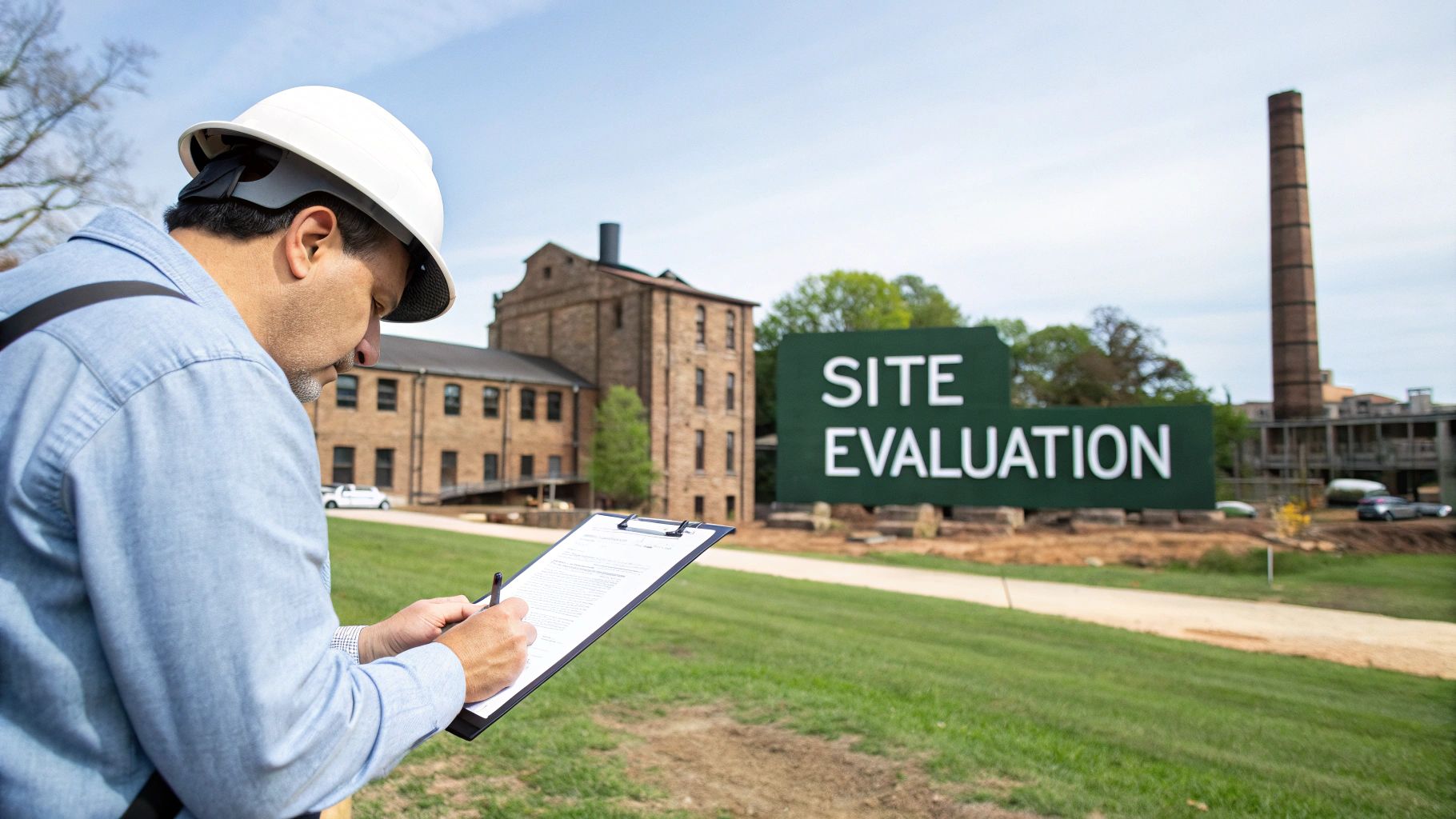 Engineer in hard hat evaluating an industrial site, writing on a clipboard with a 'SITE EVALUATION' sign.