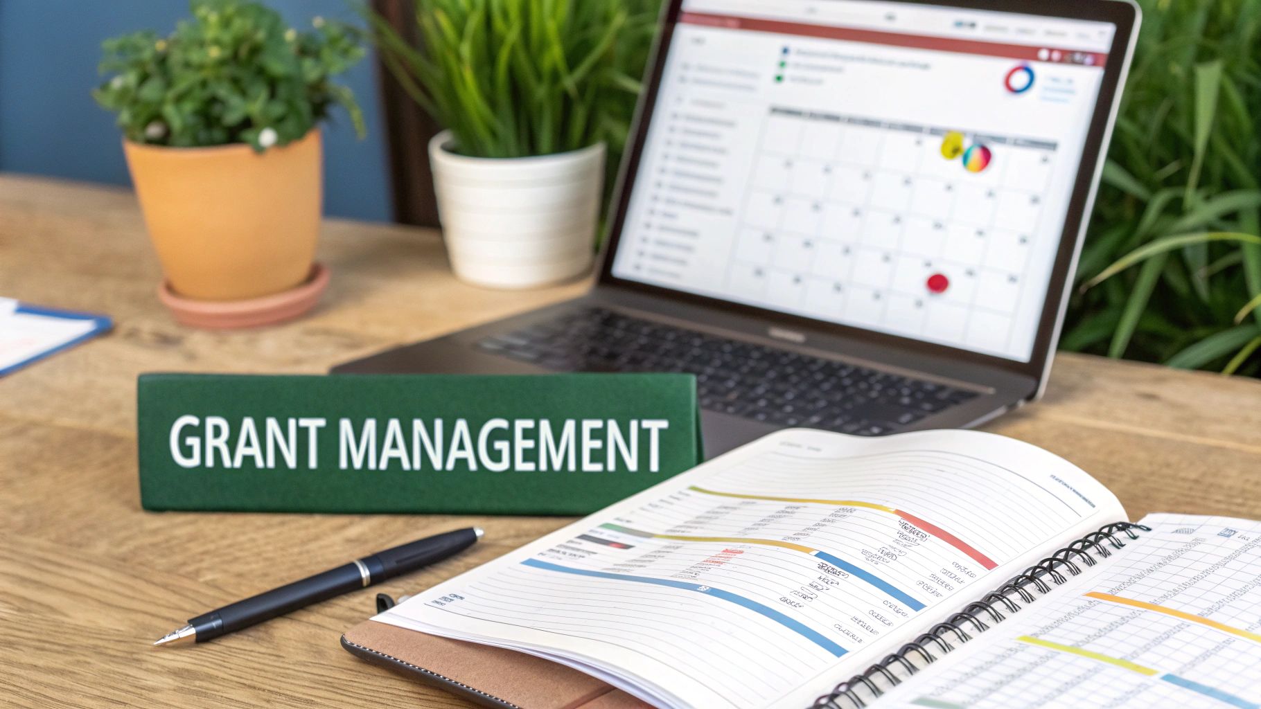 Grant management workspace with laptop displaying calendar, notebook with financial charts, and green signage