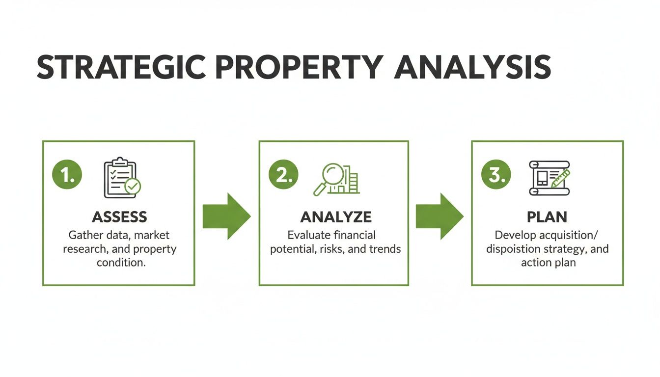 Three-step diagram for strategic property analysis, outlining Assess, Analyze, and Plan stages.