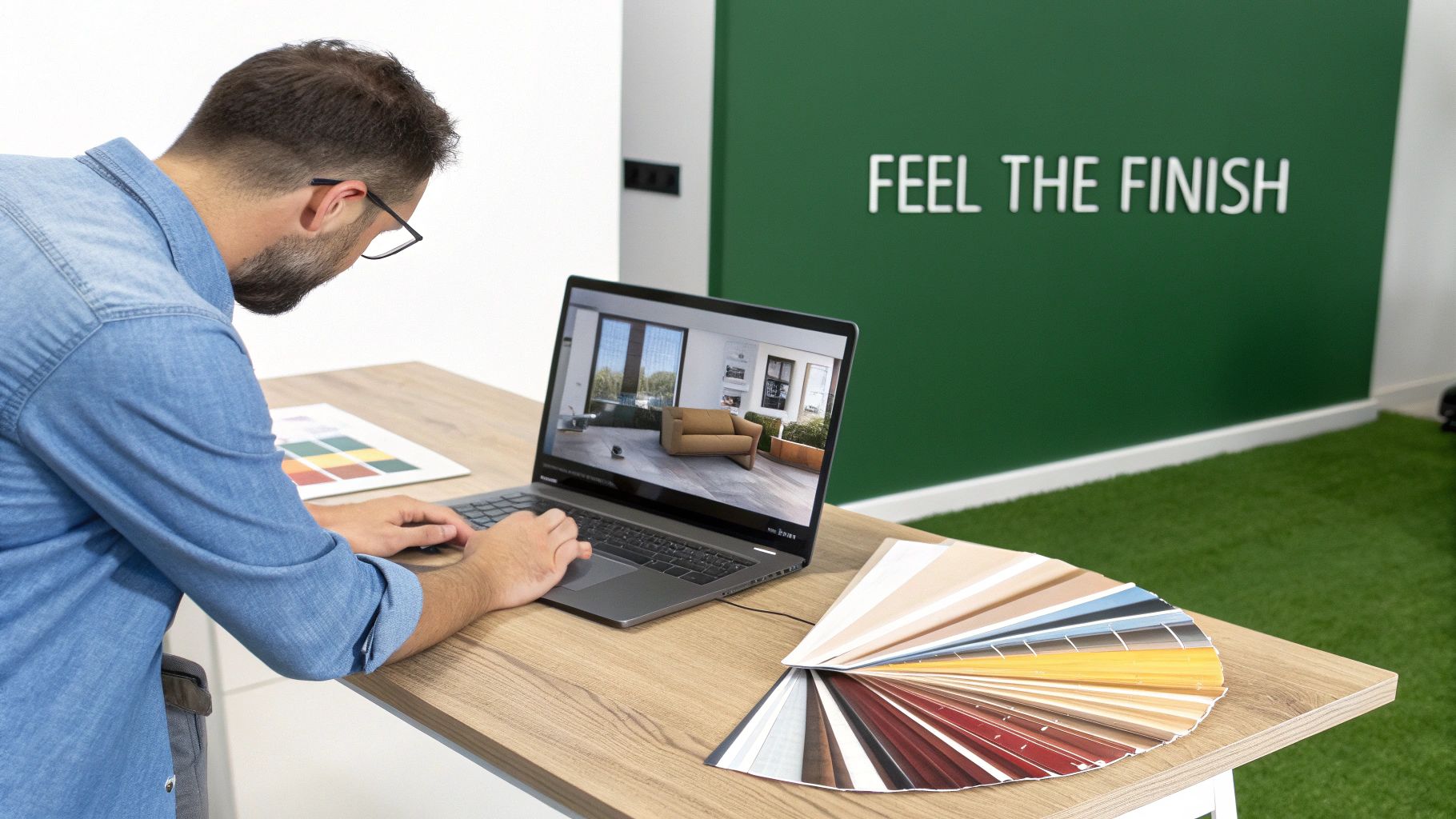 A designer works on a laptop showing a room design, surrounded by color and material samples.