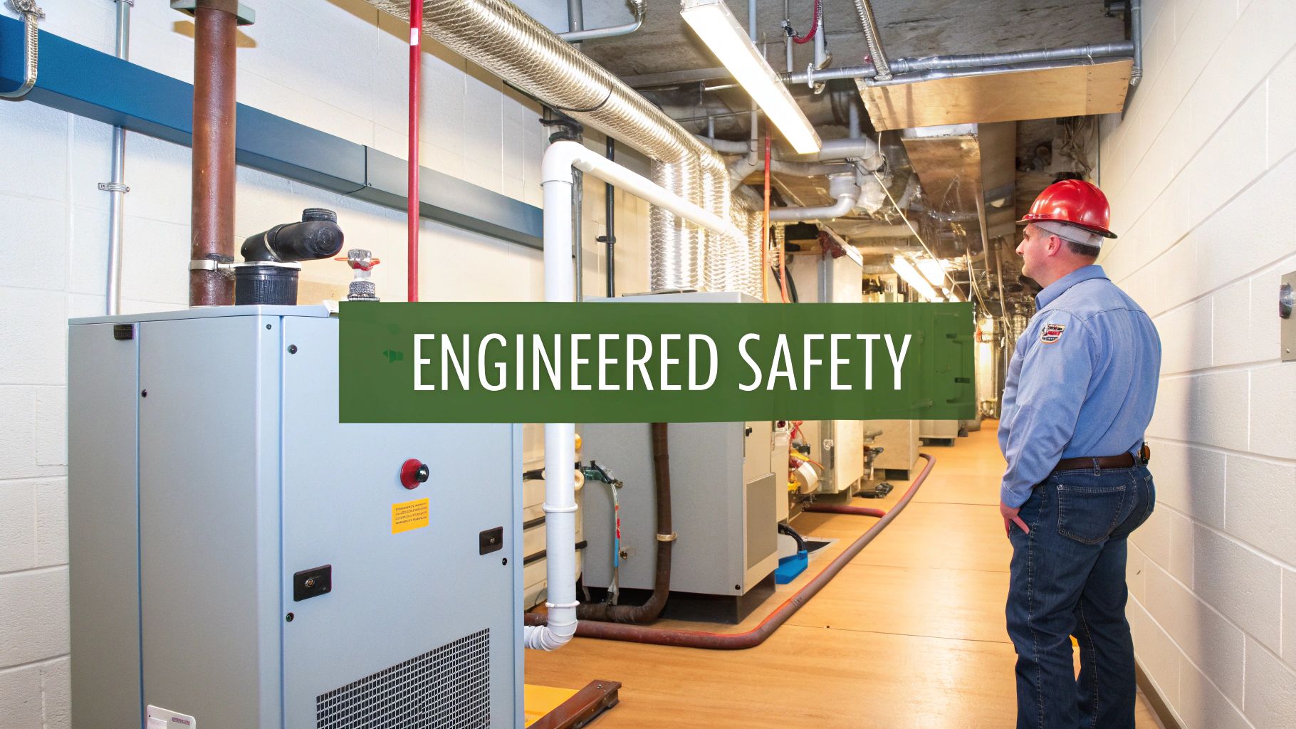 An engineer in a hard hat inspects machinery in a facility with 'ENGINEERED SAFETY' text.