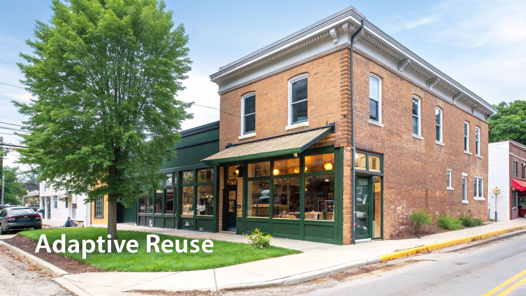 A historic brick building with a green storefront and an adaptive reuse sign on a sunny day.