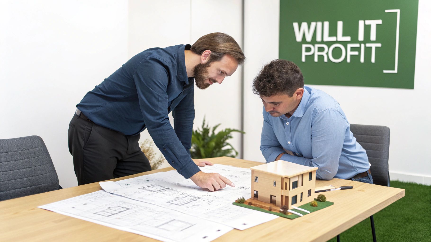 Two male architects discussing house plans and a model with "WILL IT PROFIT" sign in office.