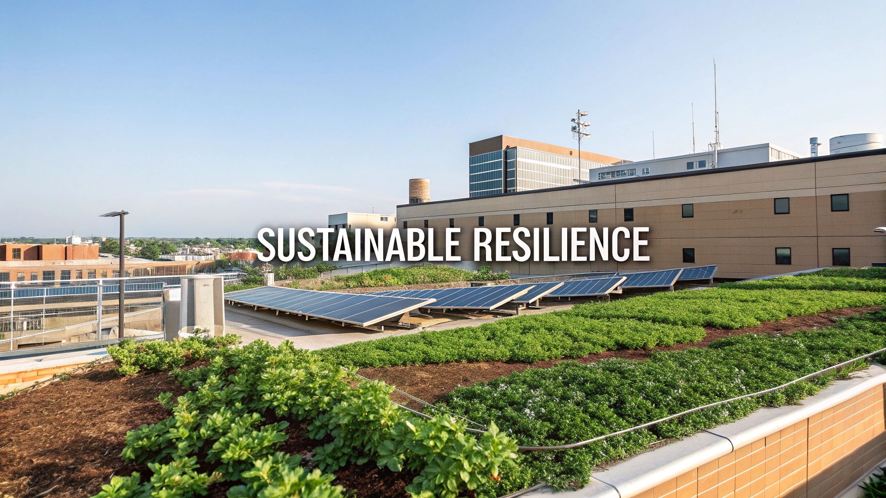 A rooftop with solar panels and a green roof on a building, representing sustainable resilience.