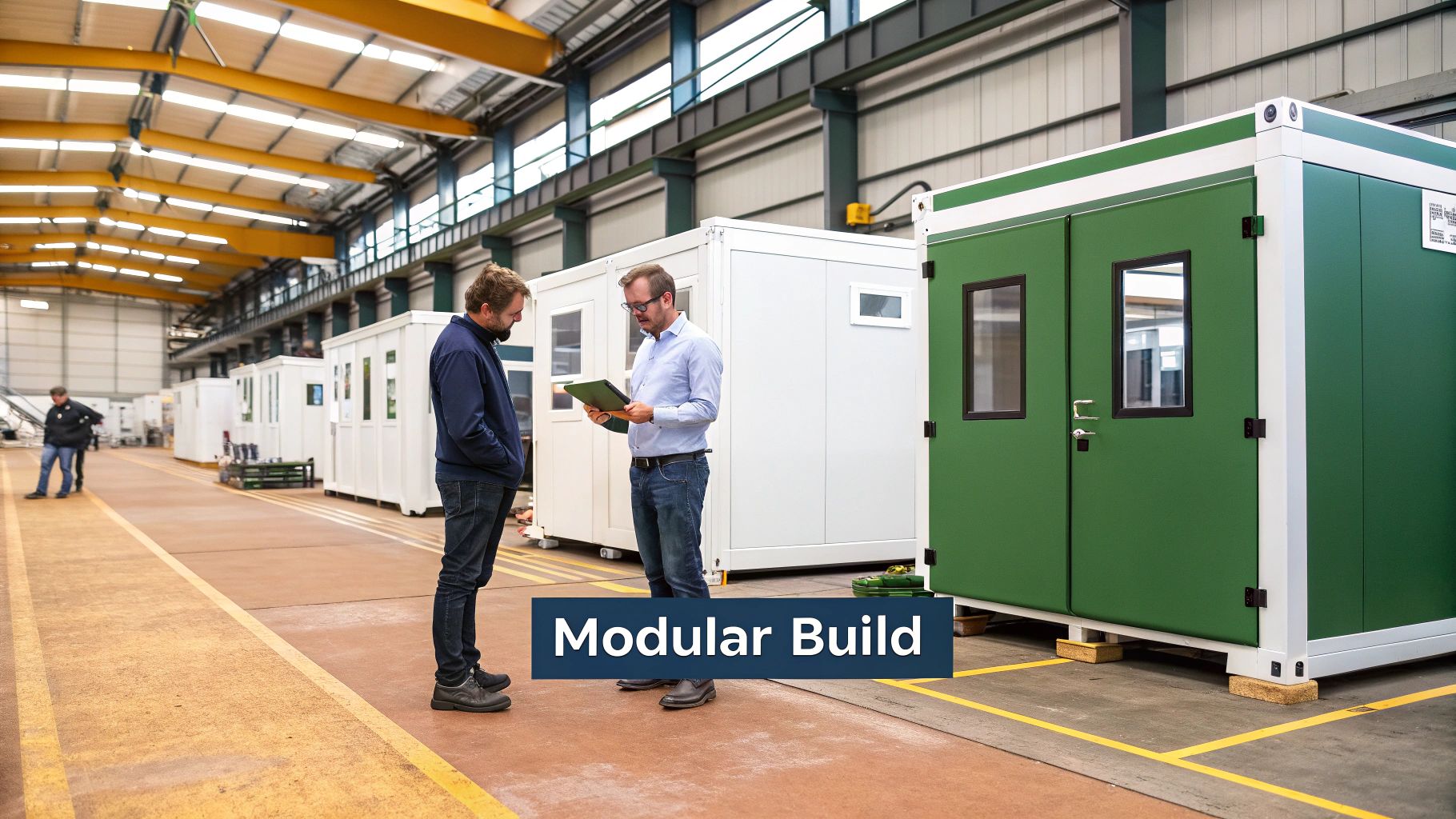 Two men discuss plans and inspect modular construction units in a large factory.