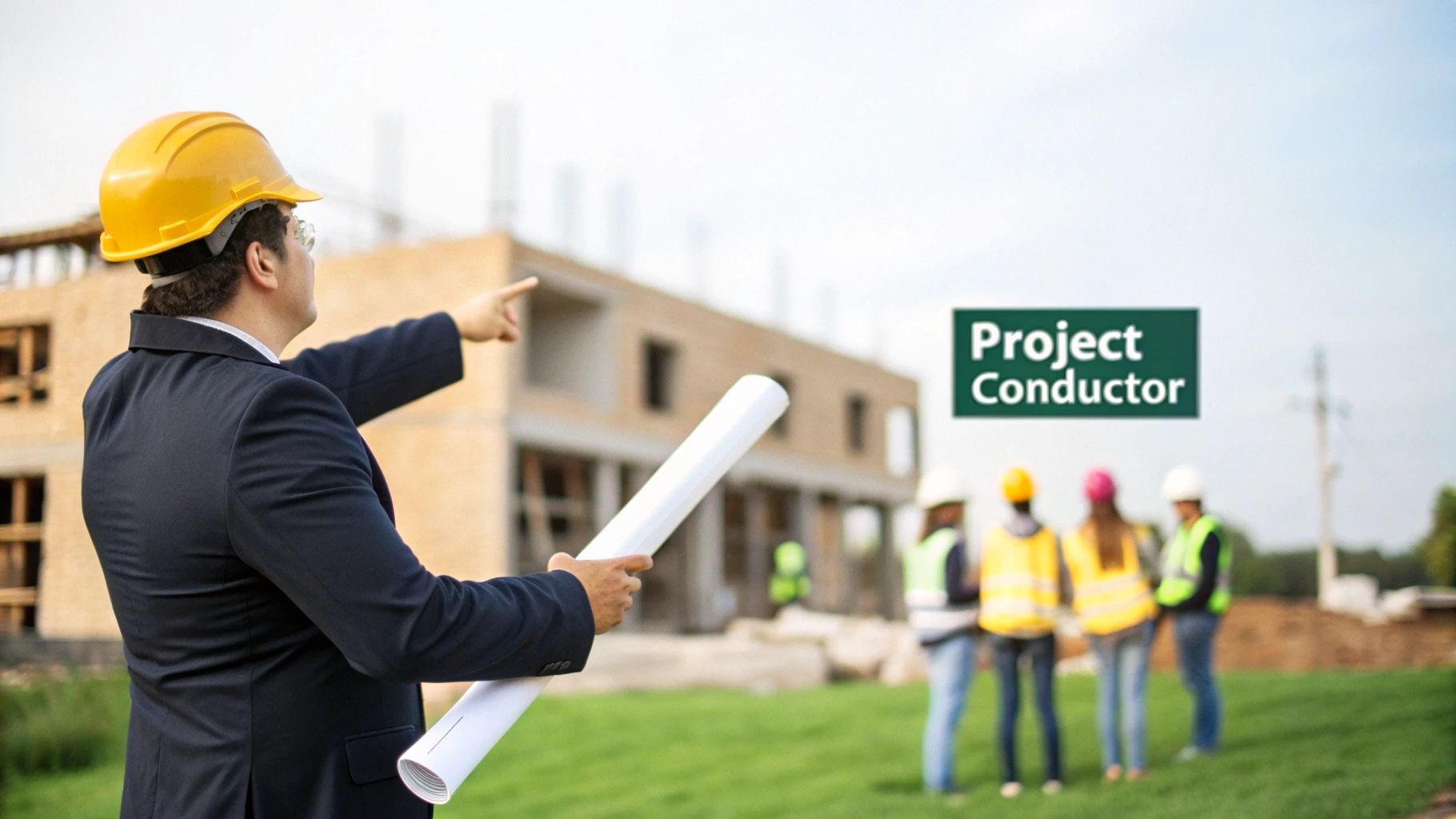 A project conductor in a hard hat points to a building under construction with blueprints.