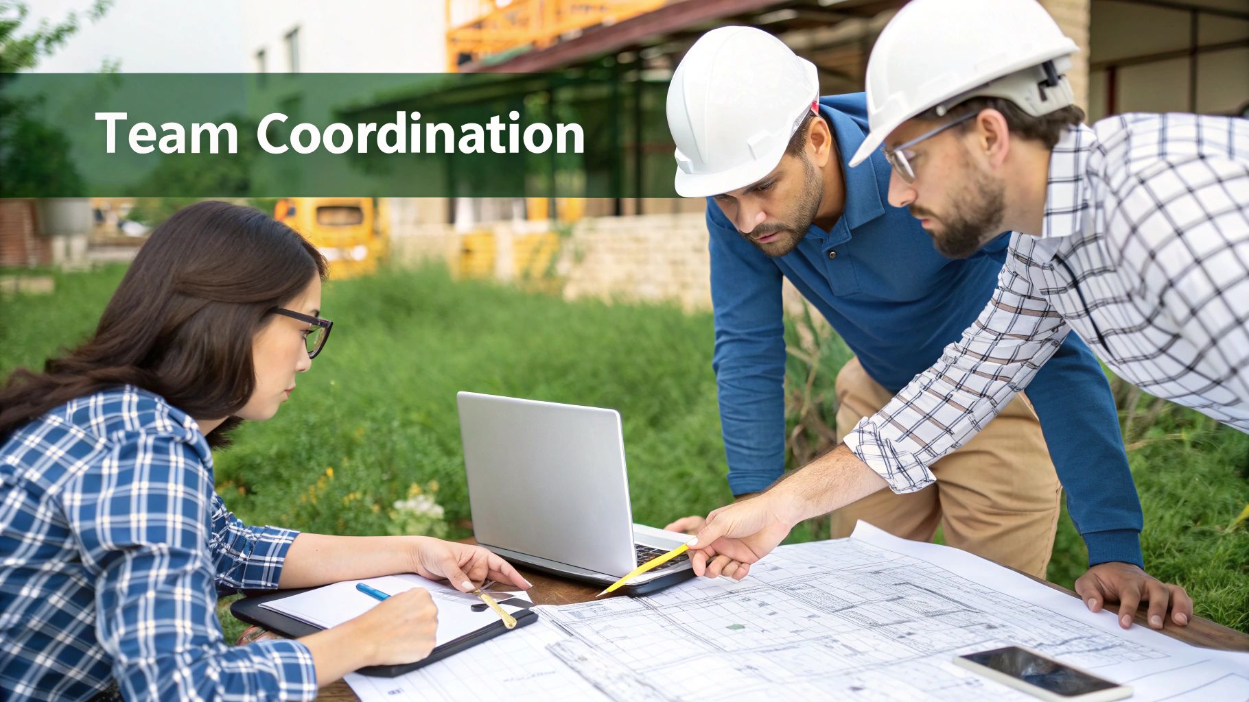 Three construction professionals, two men in hard hats and a woman, collaborating on blueprints and a laptop outdoors.