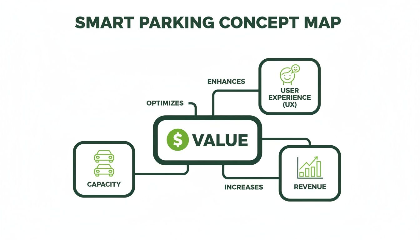 Concept map illustrating how smart parking optimizes capacity, enhances user experience, and increases revenue.