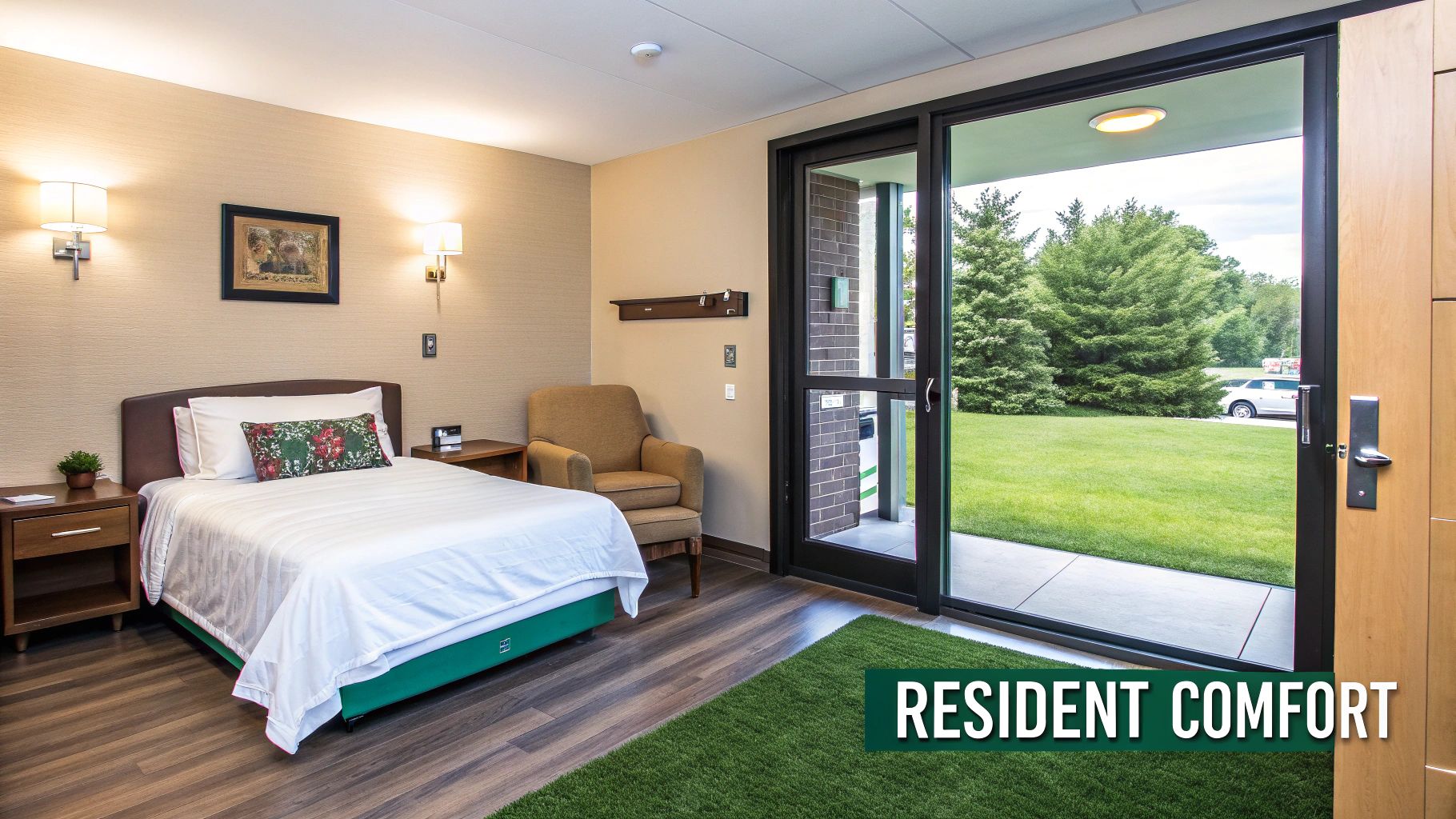 A comfortable assisted living room with a bed, armchair, and a sliding door to a green outdoor space.
