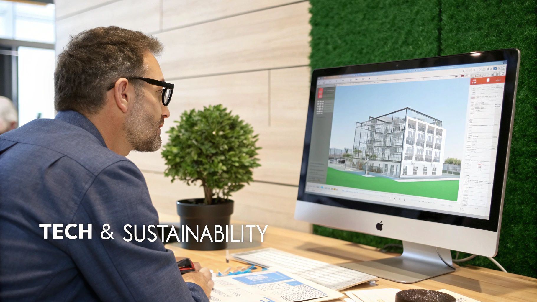 An architect uses a computer to design a modern building, showcasing technology and sustainability.