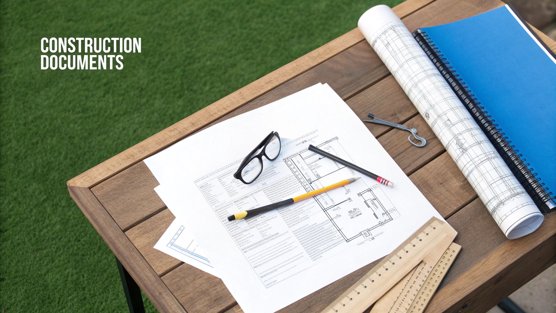 Construction documents with blueprints, pencils, glasses, and ruler on wooden desk outdoors