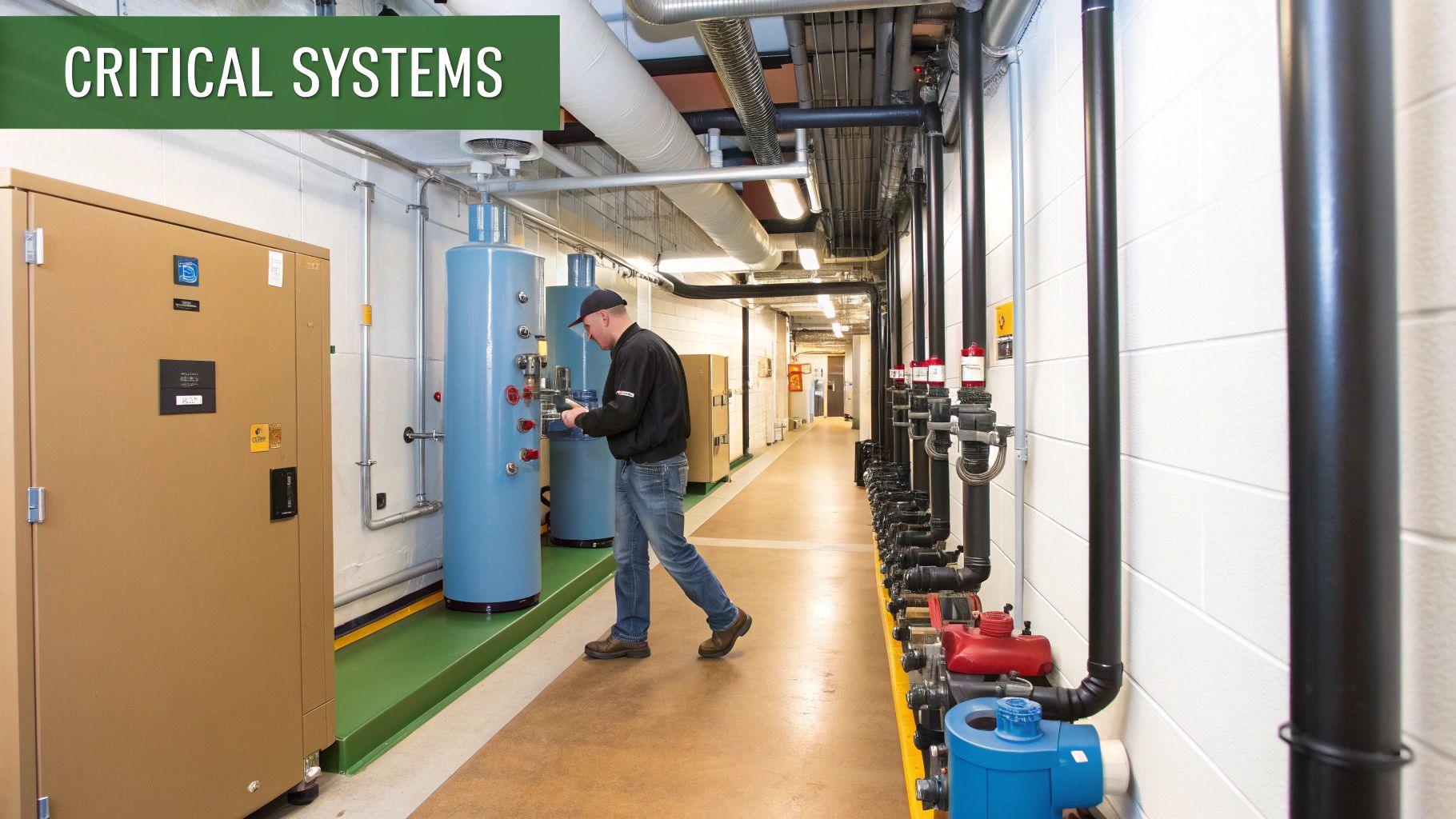 A man inspects critical system tanks and pipes in a modern hospital utility room.