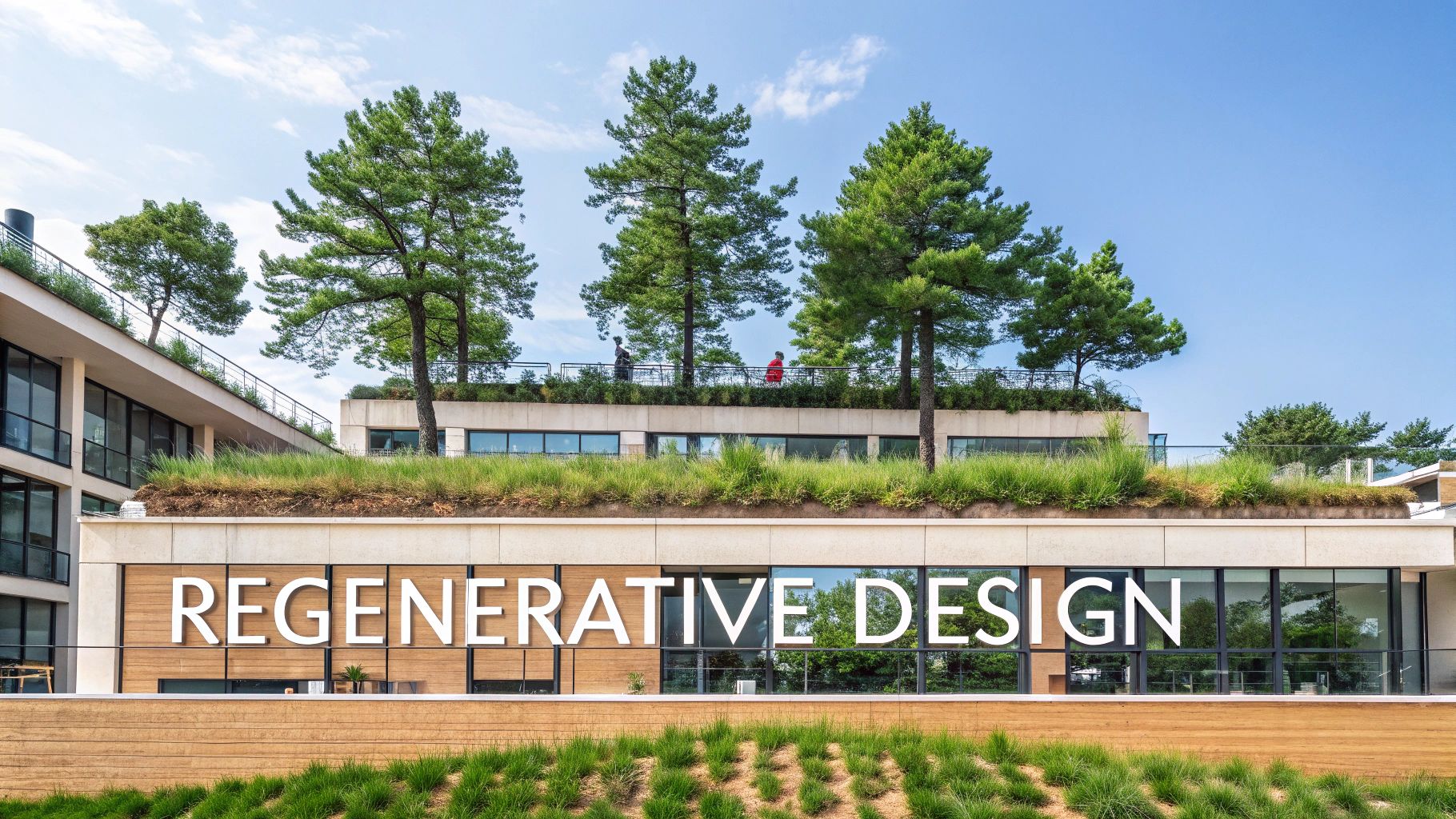 Modern building with lush green roofs, rooftop trees, and "REGENERATIVE DESIGN" text on its facade.