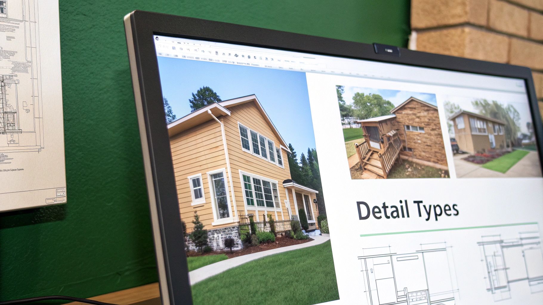 Close-up of a detailed architectural drawing for a window installation