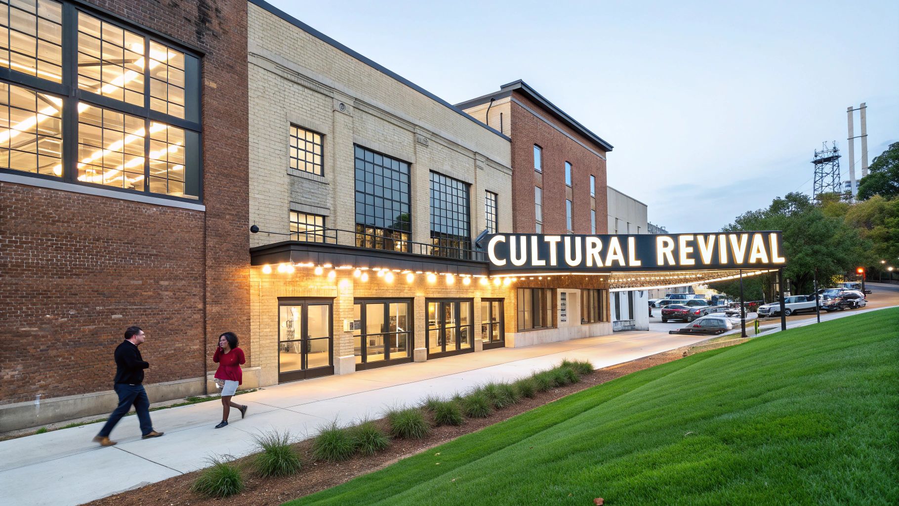 Exterior view of the Cultural Revival building with illuminated marquee, people on the sidewalk, and a green lawn.