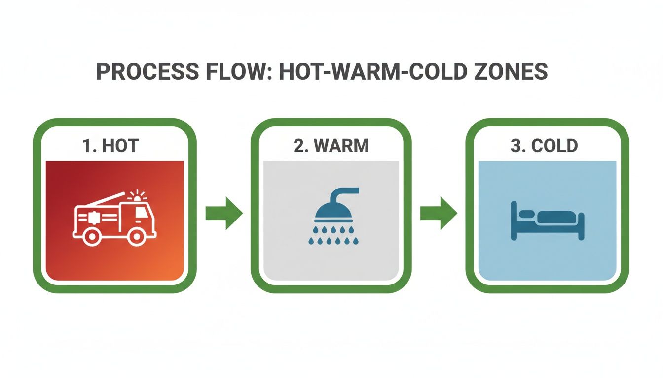 A process flow diagram shows three zones: hot (fire truck), warm (shower), and cold (bed).
