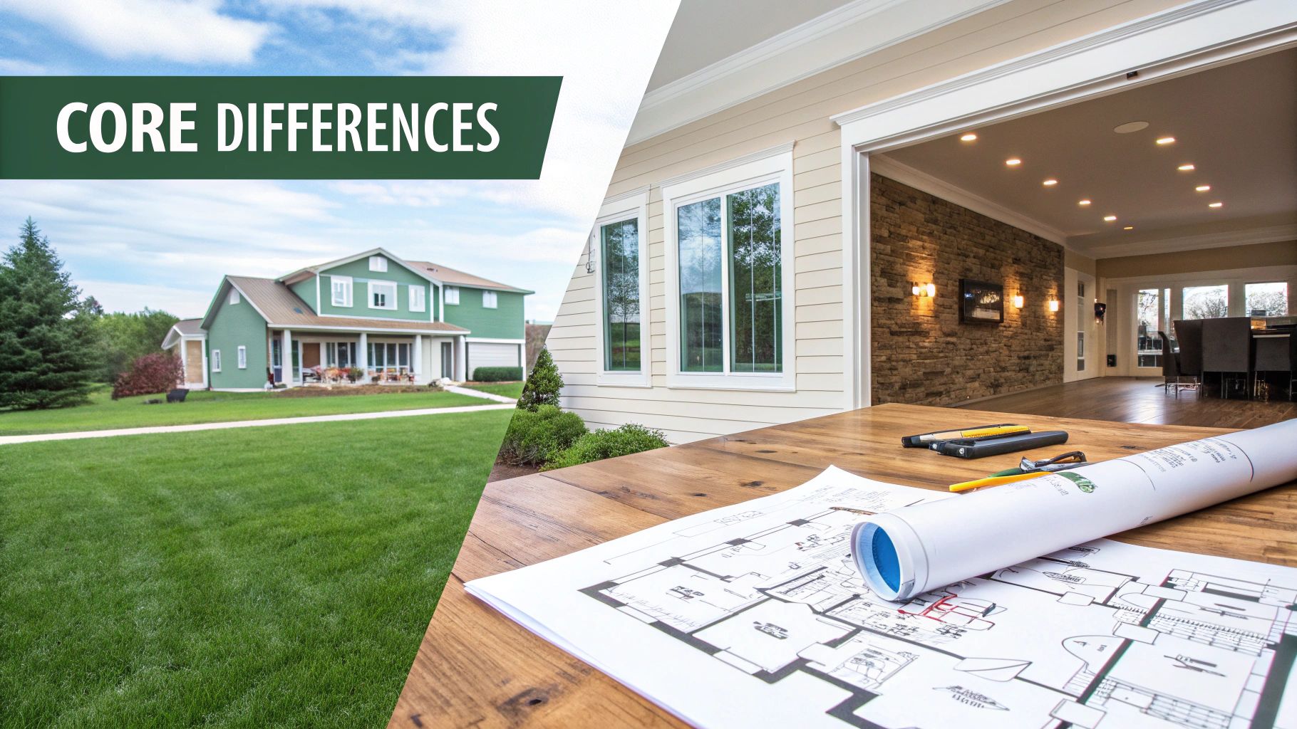 Split image: green house exterior with lawn and interior room with blueprint, text 'CORE DIFFERENCES'.
