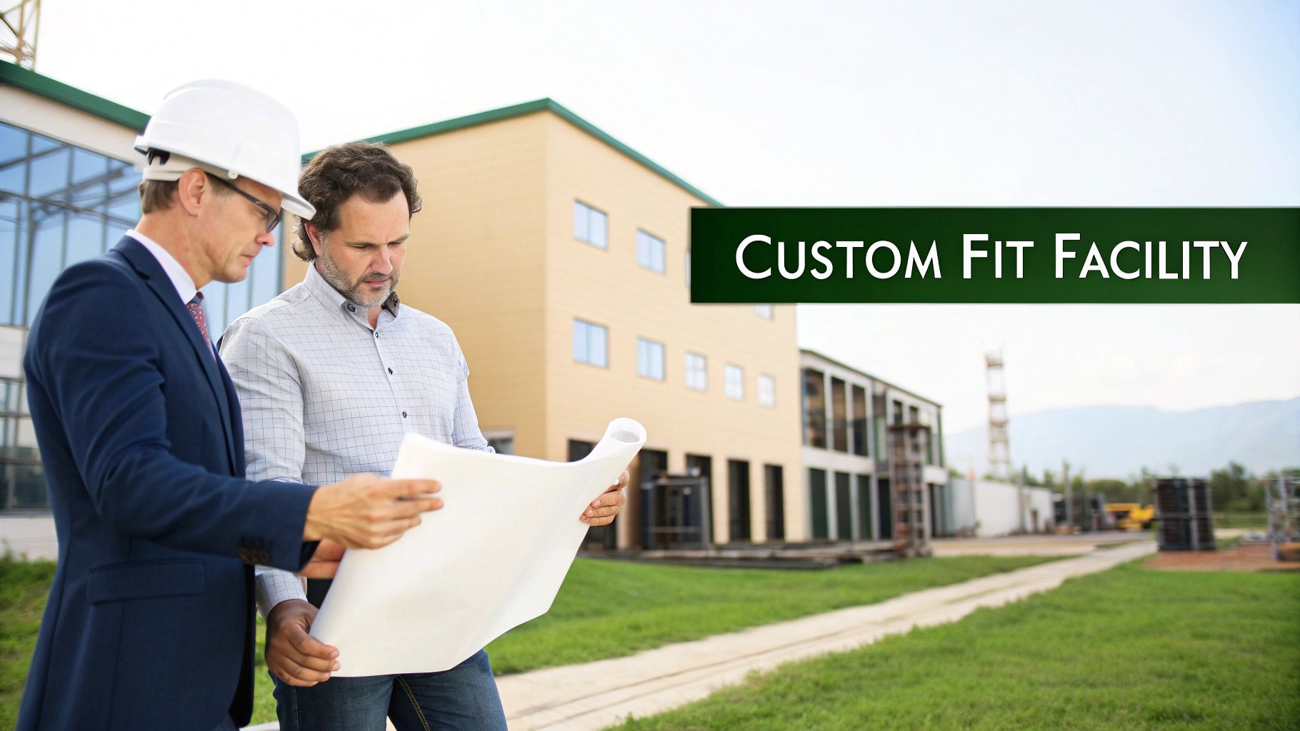 An architectural blueprint of a commercial building being reviewed on a wooden desk.