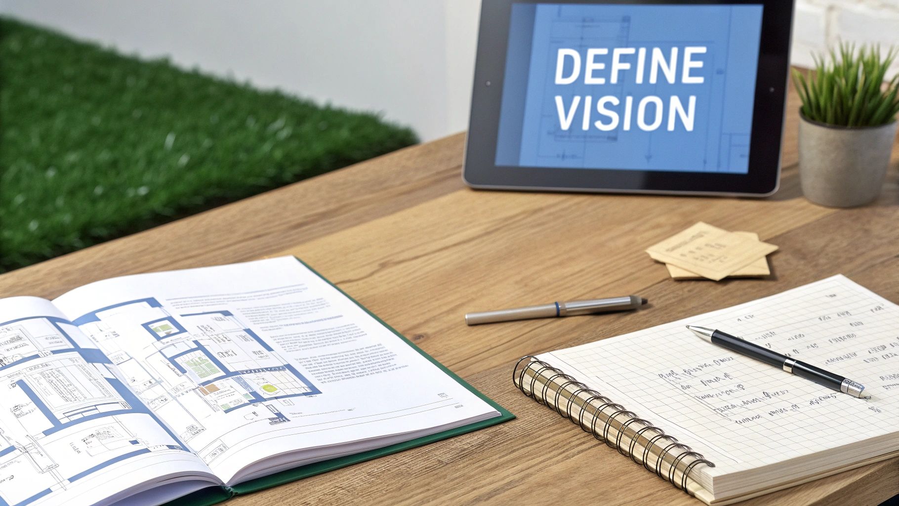 A wooden desk with a tablet showing 'DEFINE VISION', an open architectural book, and a planning notebook.