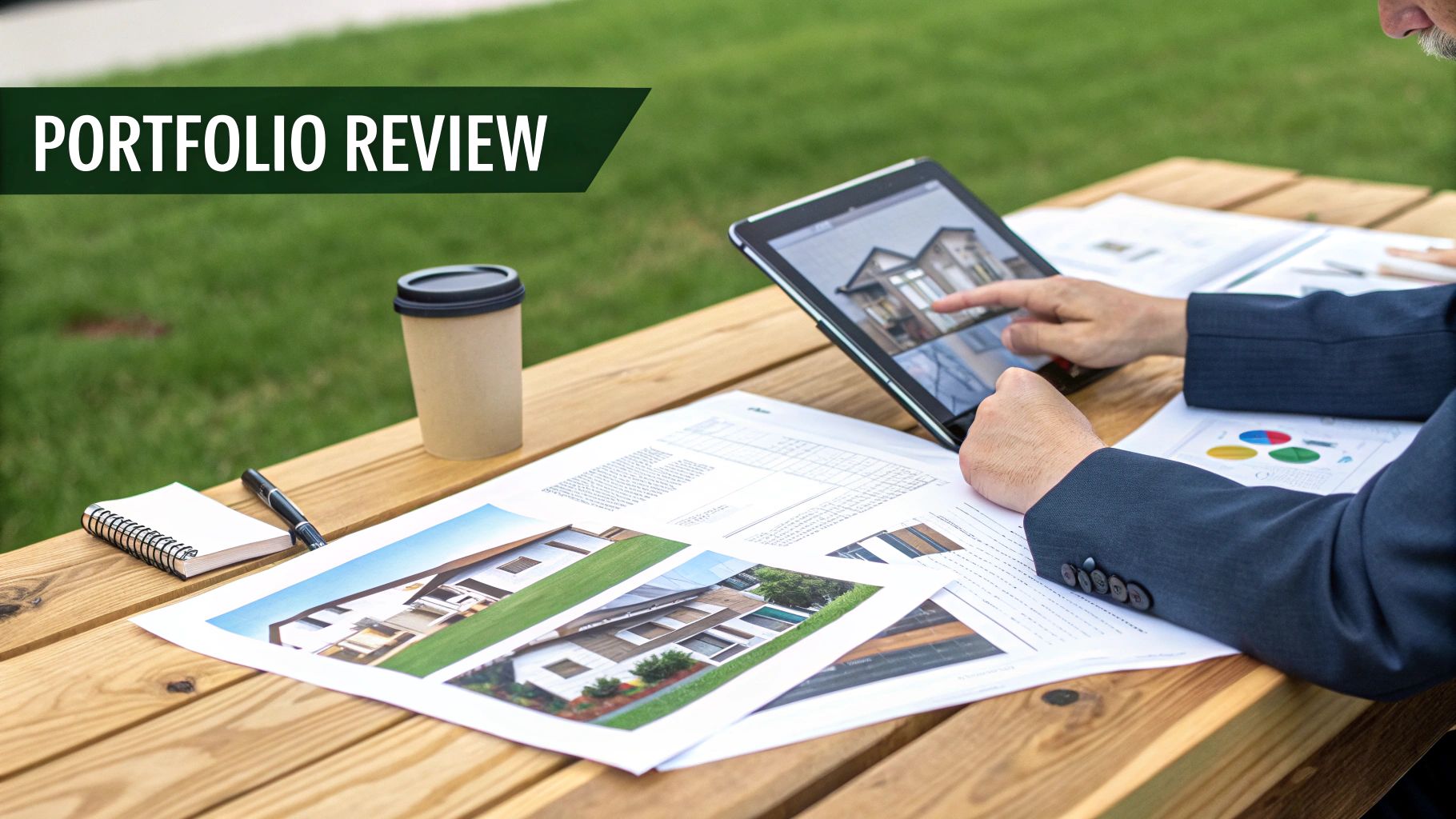 A person reviews architectural plans and property images on a tablet and paper during an outdoor portfolio review.