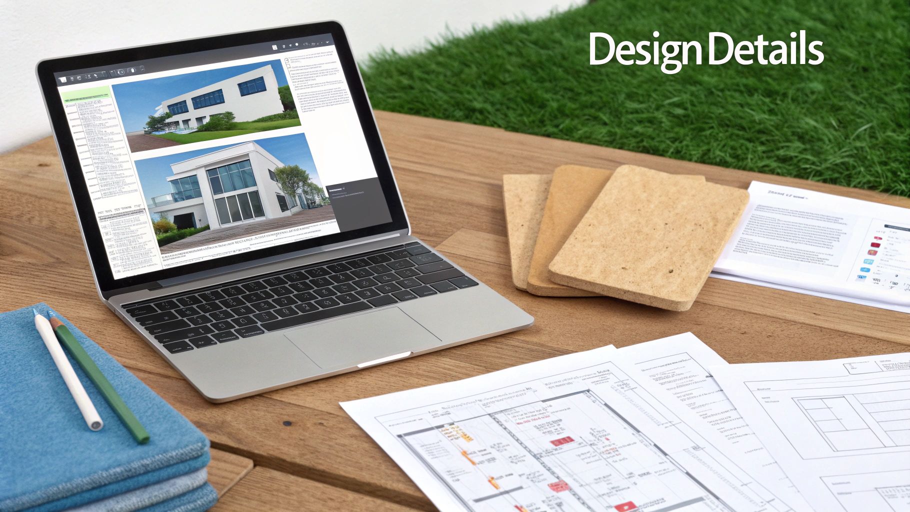 Detailed architectural blueprint with digital renderings