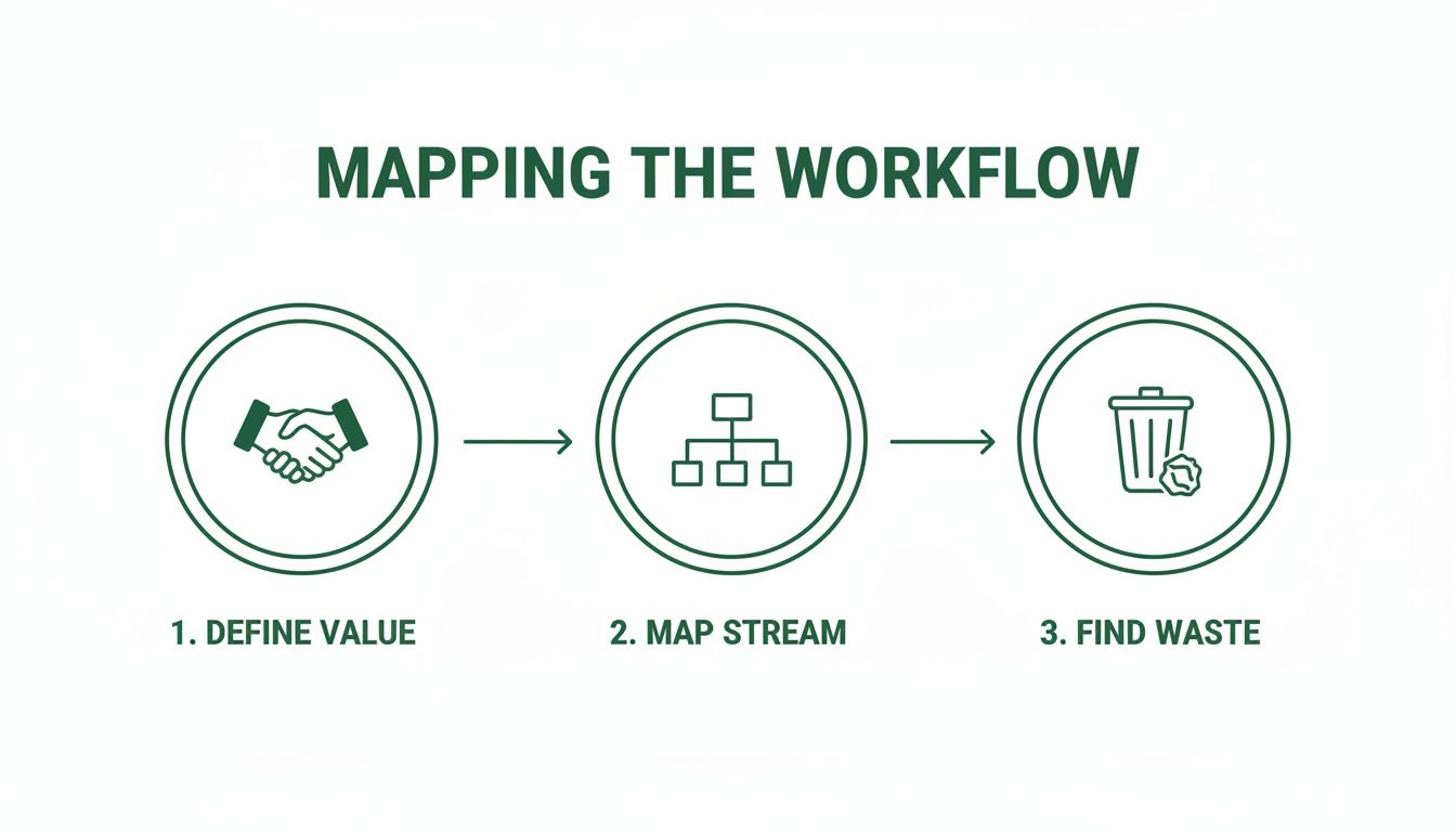 A workflow diagram outlining three steps: 1. Define Value (handshake), 2. Map Stream (organizational chart), 3. Find Waste (trash can).