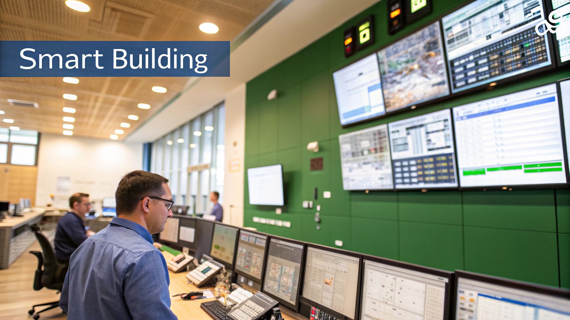 A facility manager reviewing data on a tablet inside a modern building's control room, with server racks in the background.