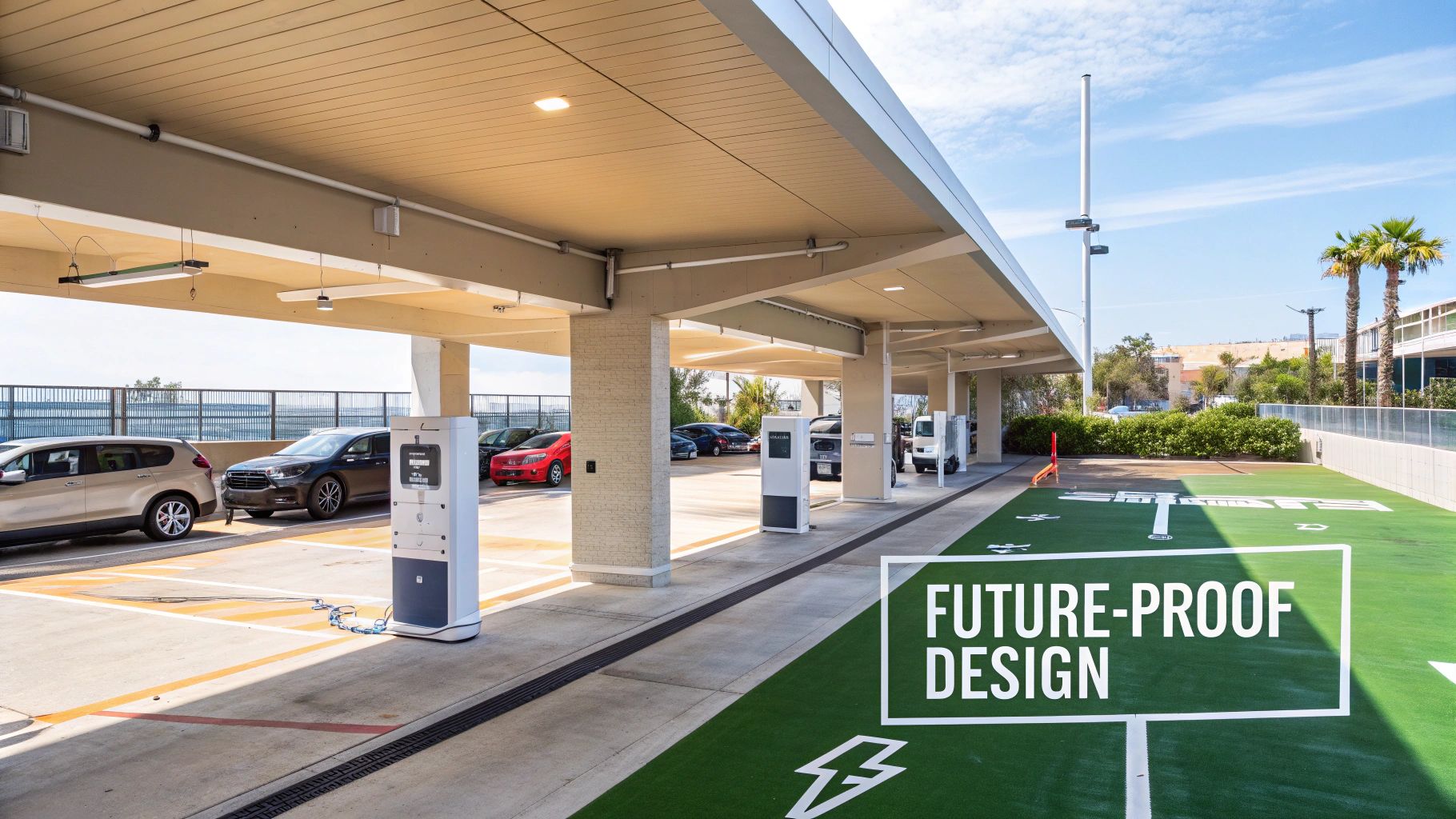 Modern EV charging station with shaded parking, green turf, and cars, highlighting future-proof design.