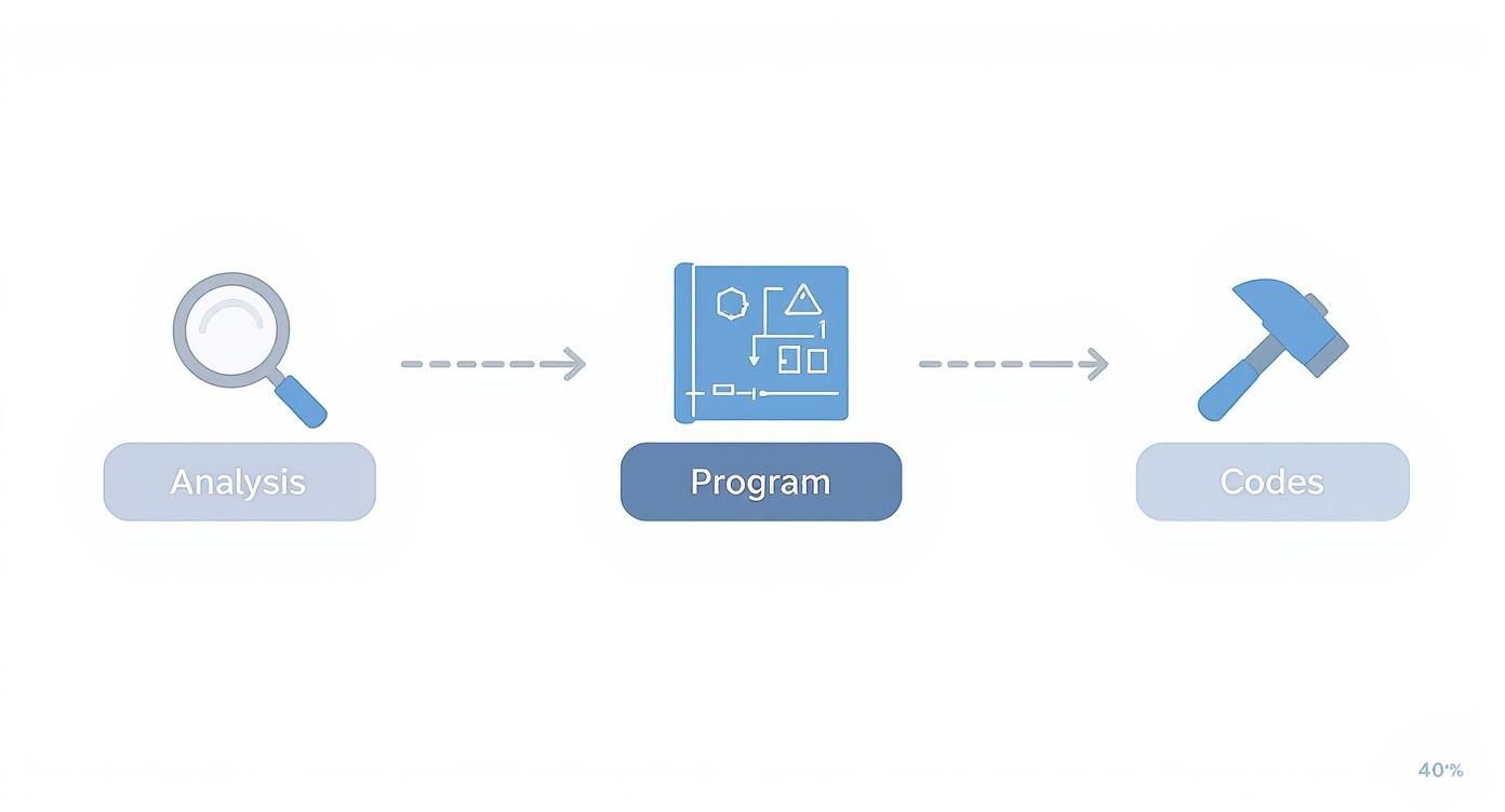 Software development workflow diagram showing three stages: analysis with magnifying glass, program with blueprint, and codes with hammer
