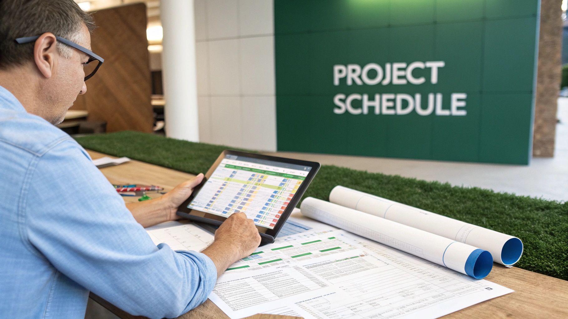A man reviews a project schedule on a tablet, with blueprints and documents on a wooden table.