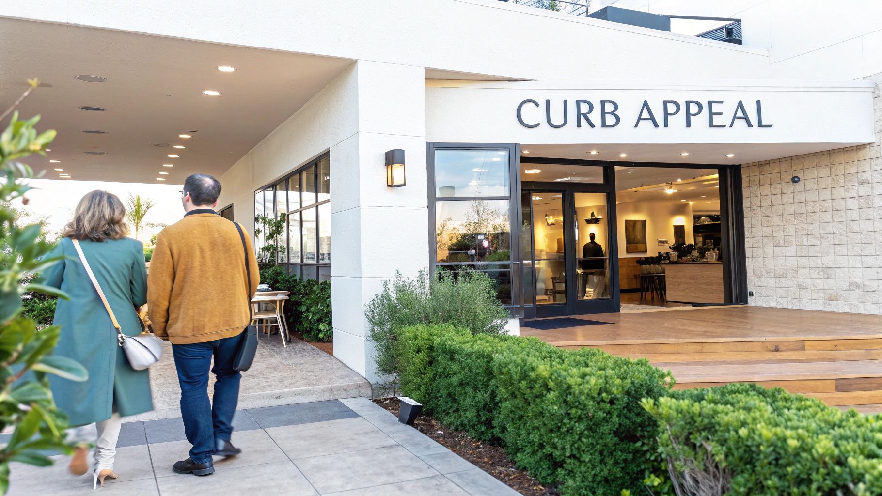 Two people approach the modern, stylish entrance of "CURB APPEAL" building with large windows.