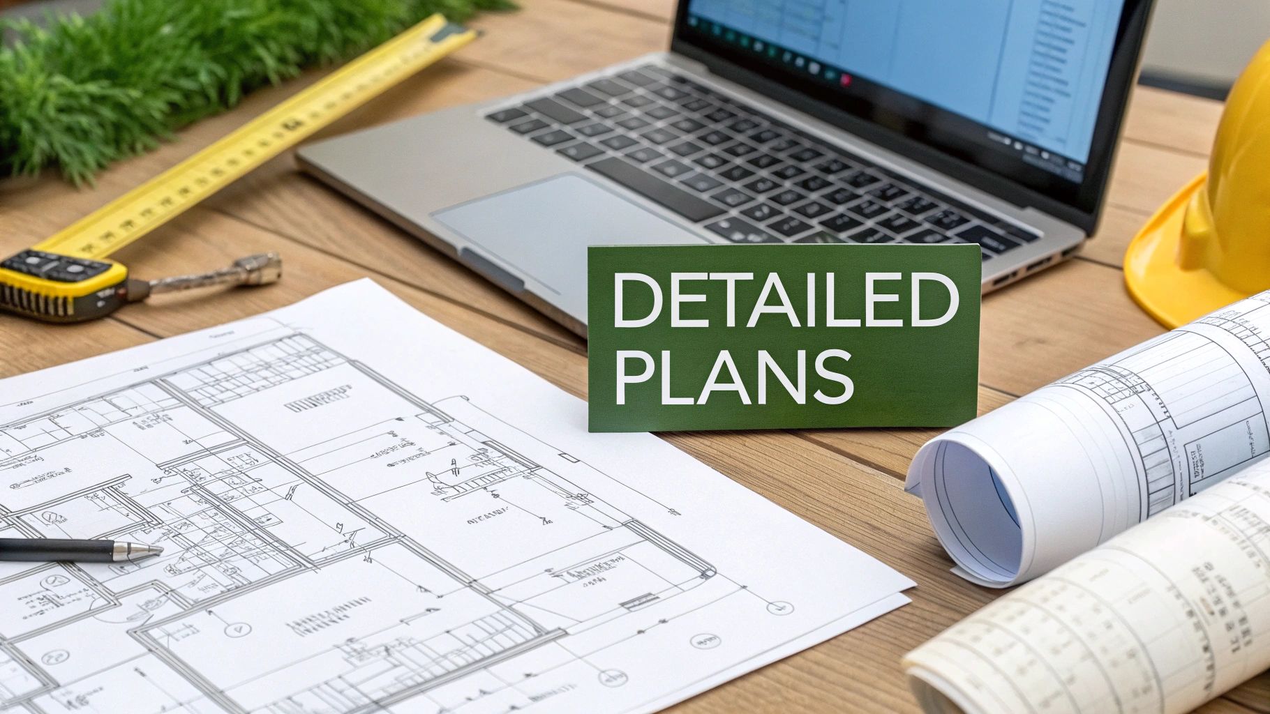 Desk with architectural blueprints, a laptop, measuring tape, hard hat, and a sign saying 'DETAILED PLANS'.