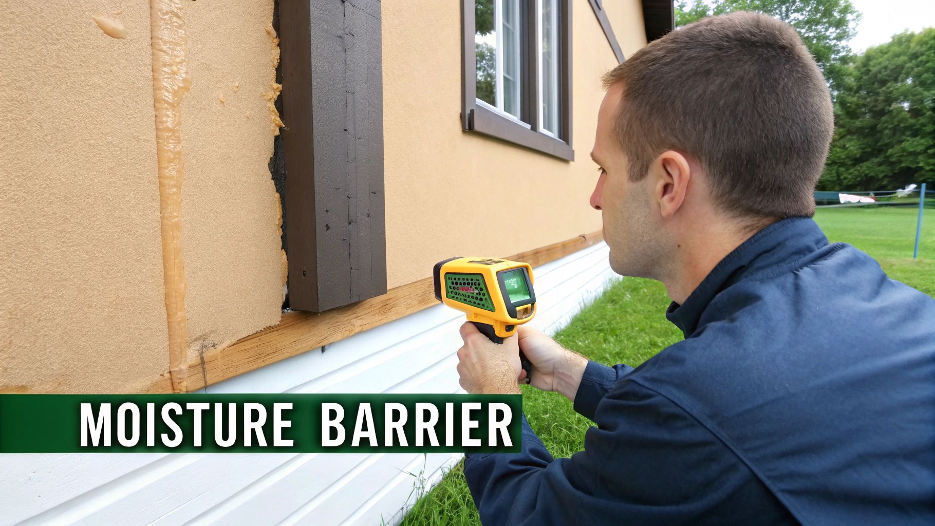 Man inspecting house exterior with a moisture meter, revealing a moisture barrier.