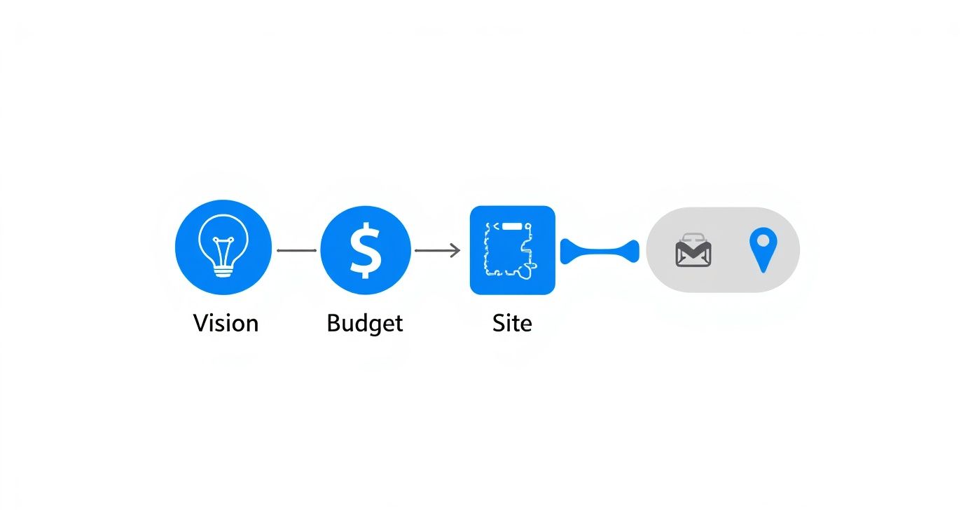 A process flow diagram with icons for Vision, Budget, and Site, connected to mail and location symbols.