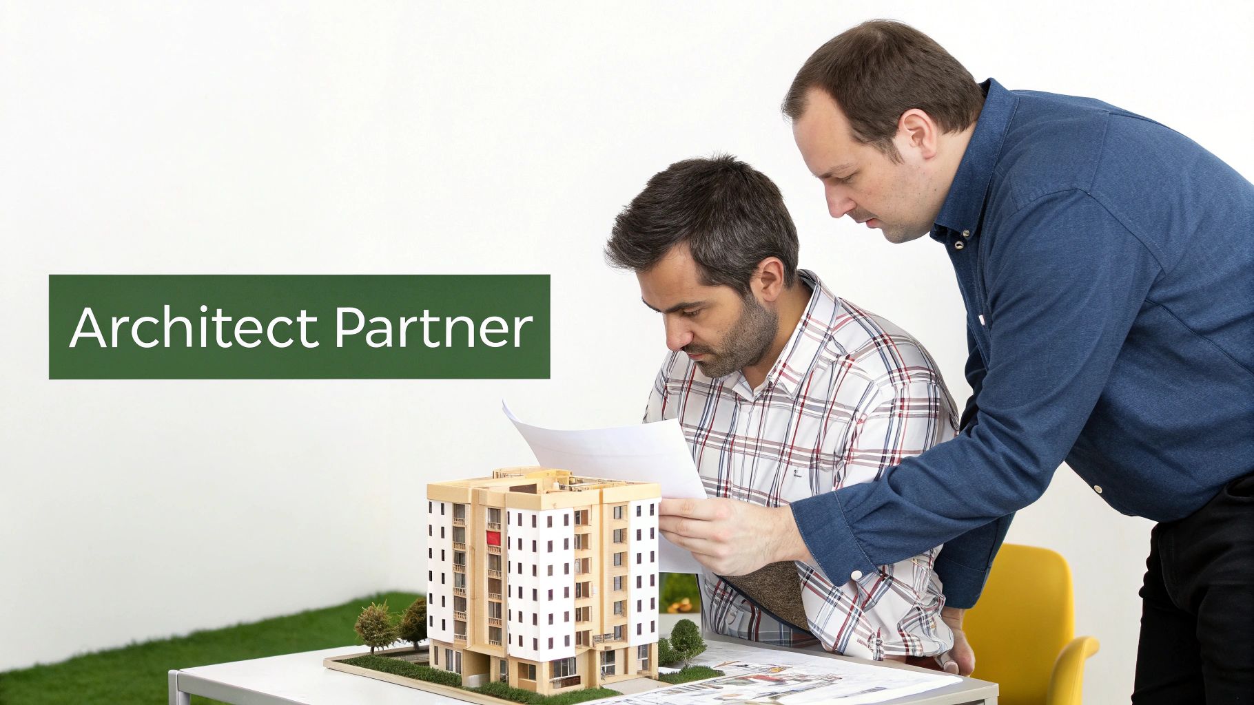 Two male architects review blueprints and a building model on a table with an 'Architect Partner' banner.