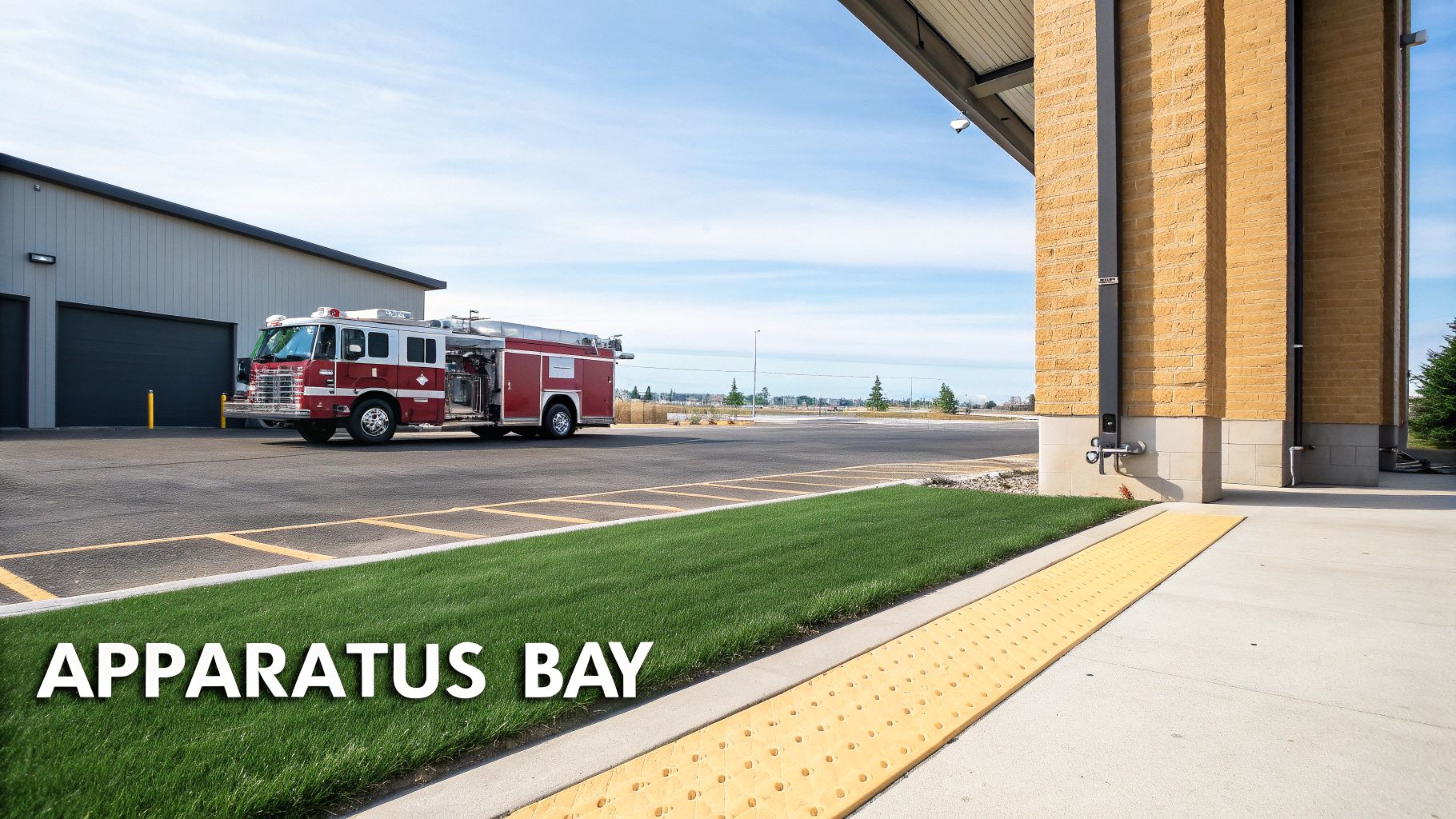 Red and white fire truck parked in front of a modern fire station's apparatus bay on a sunny day.
