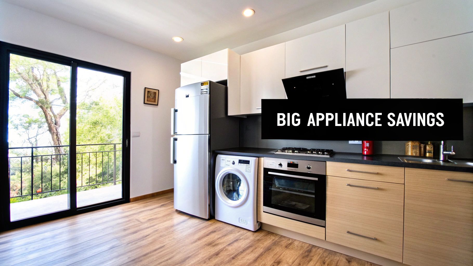 A modern kitchen with a refrigerator, washing machine, oven, and wood cabinets, featuring a text overlay 'BIG APPLIANCE SAVINGS'.