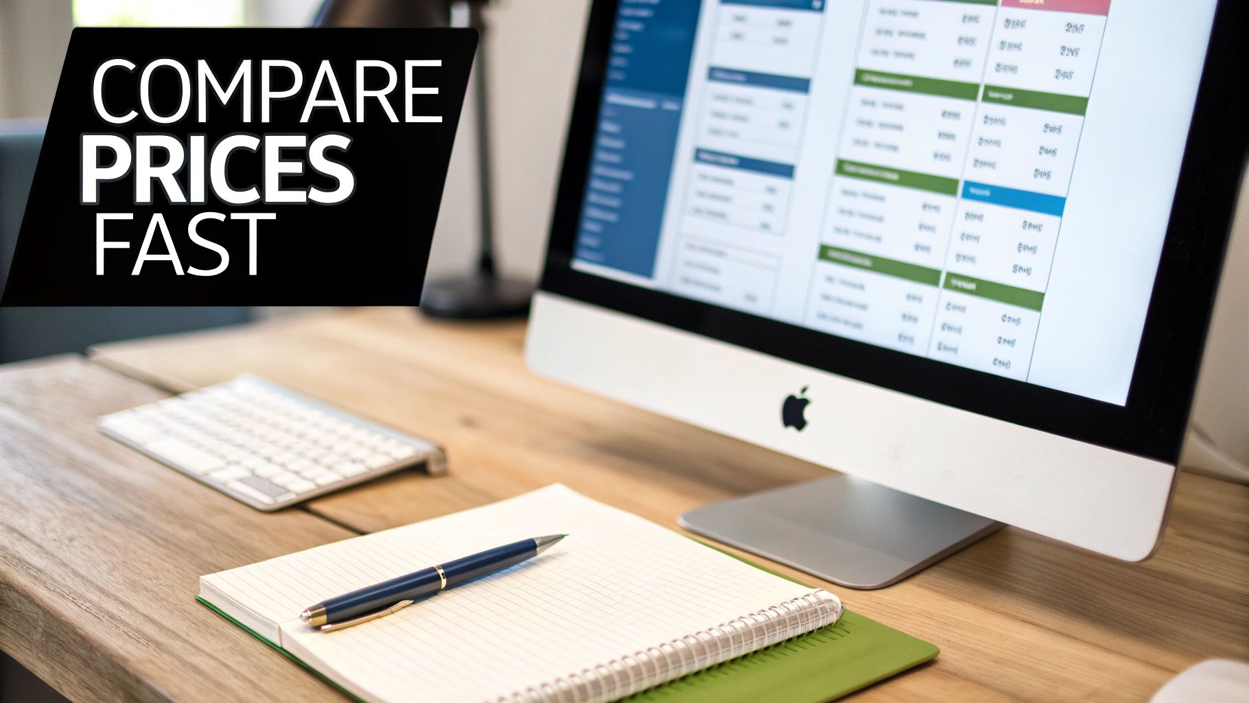 A clean desk setup with an iMac displaying a spreadsheet, a notebook, and a pen, promoting fast price comparison.