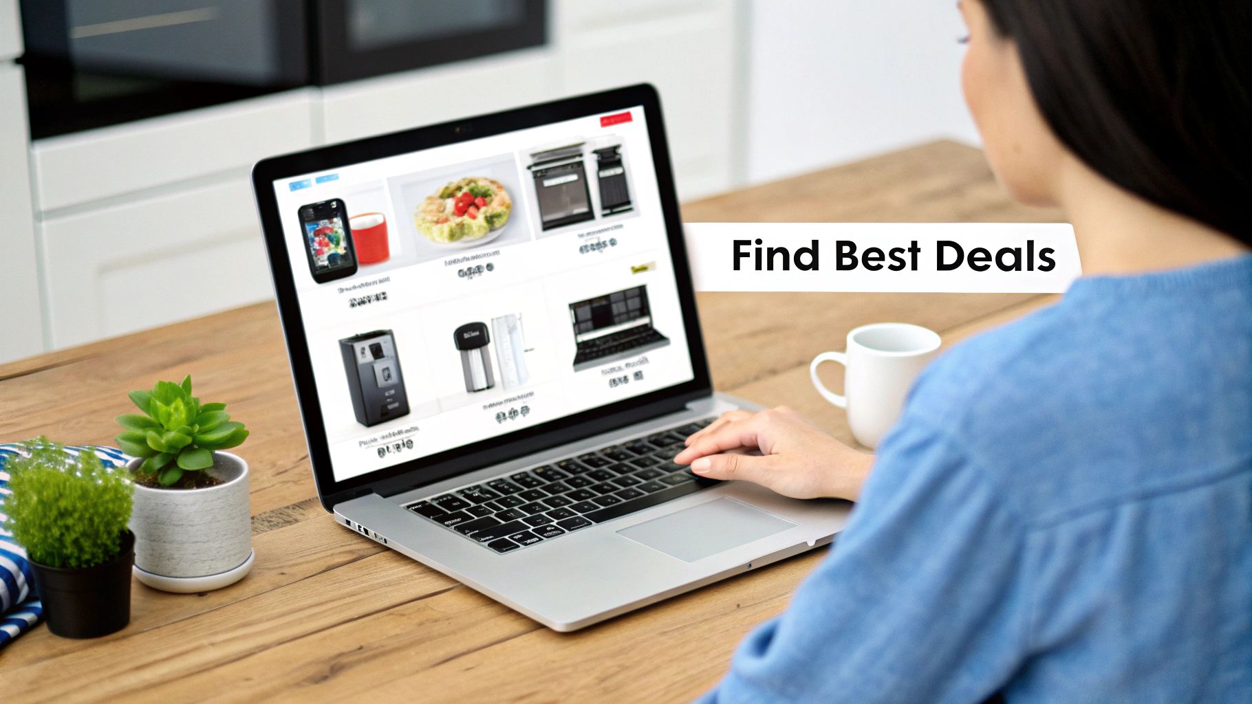 A woman browses deals on a laptop, shopping online for electronics, food, and home appliances.