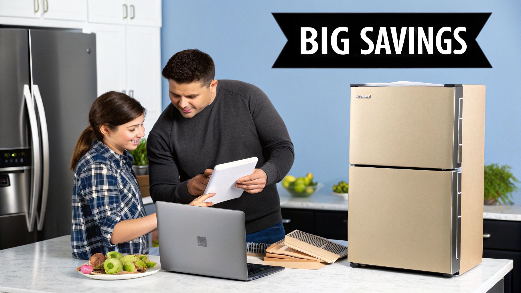 A couple in a modern kitchen compares refrigerators and finances on a laptop, with a "BIG SAVINGS" banner.
