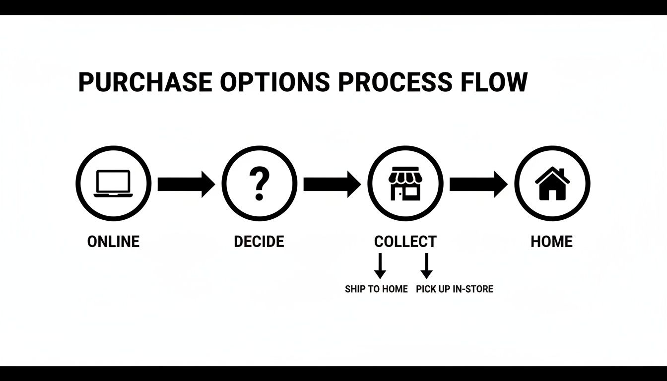 Flowchart illustrating purchase options: Online, Decide, Collect (Ship to Home or Pick Up In-Store), and Home.