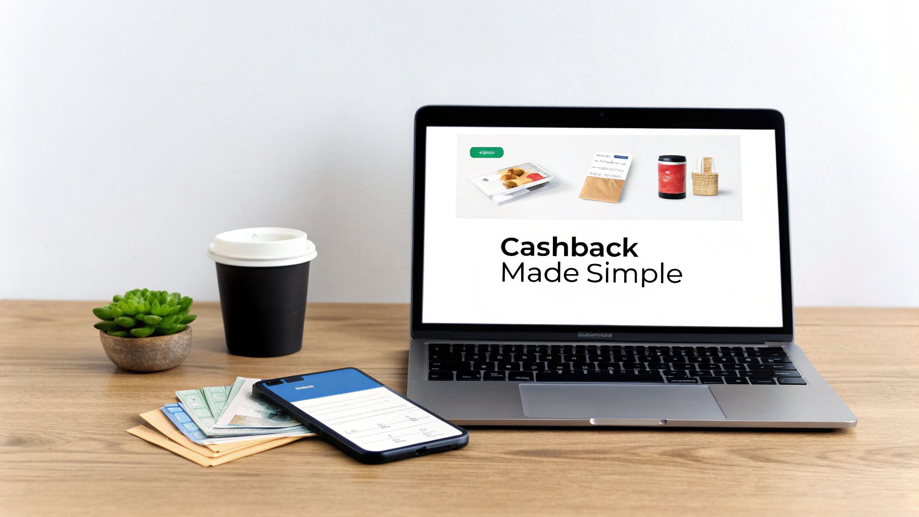 A laptop displaying 'Cashback Made Simple' on a wooden desk with a phone, coffee, and money.