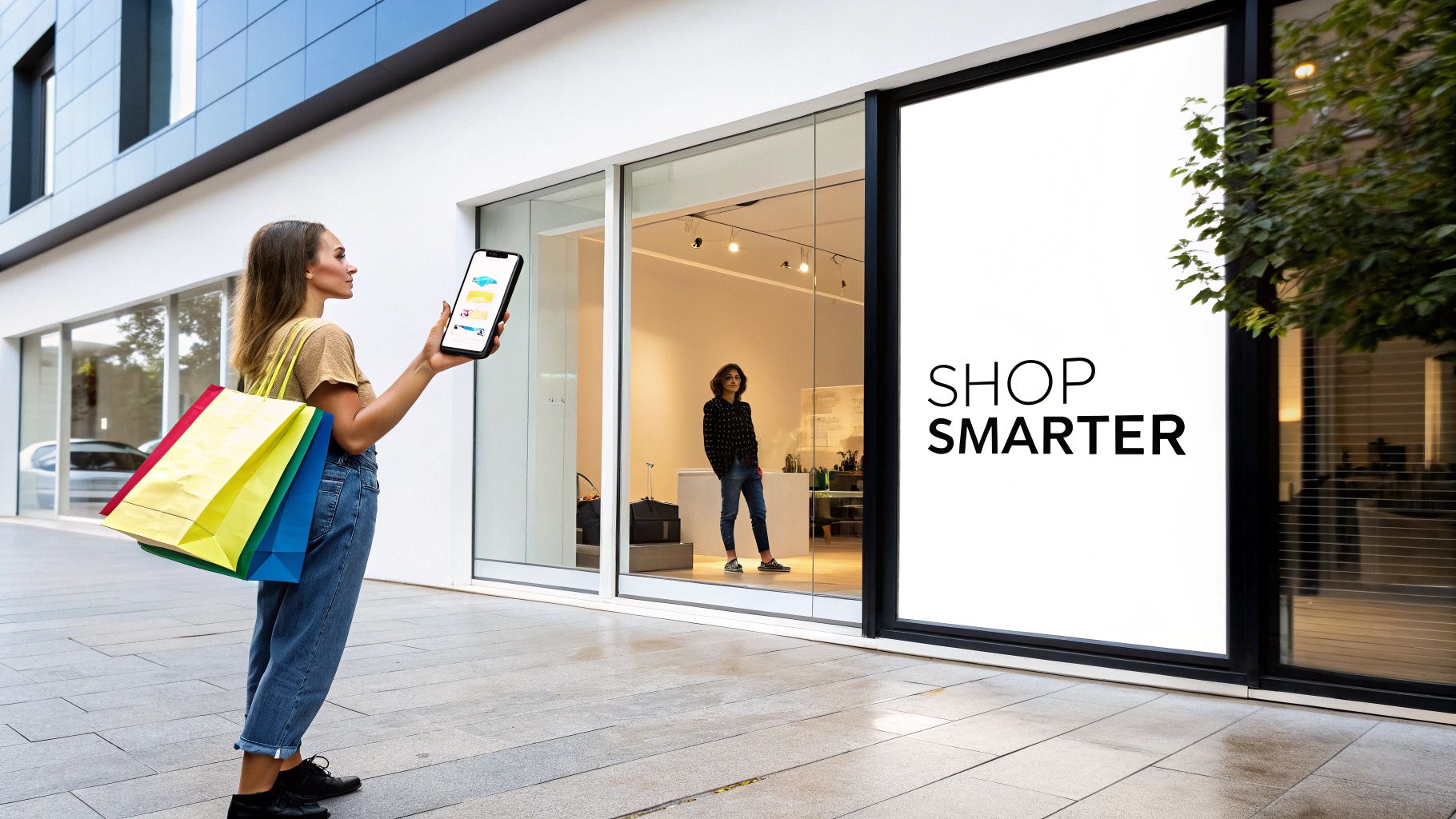 A woman holding a smartphone and shopping bags outside a modern store window with 'Shop Smarter' message.