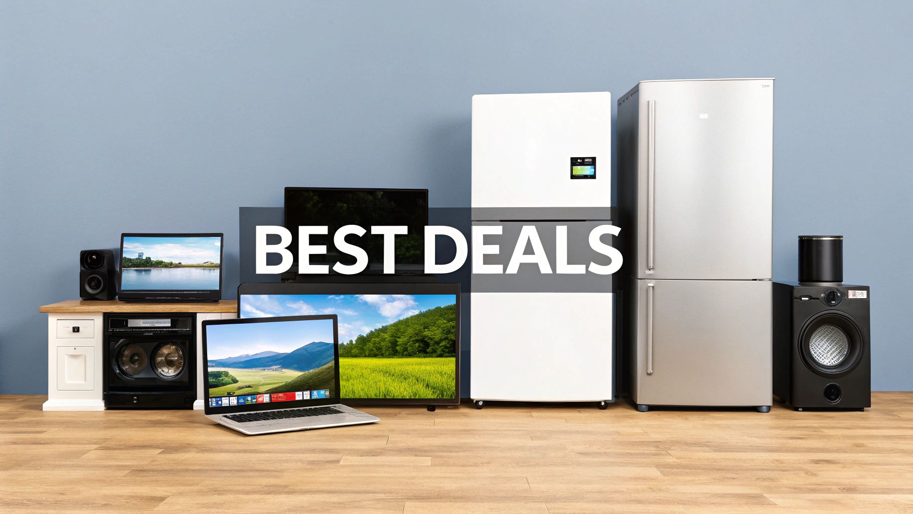 Various home appliances and electronics like refrigerators, TVs, laptop, and speakers with 'BEST DEALS' text.