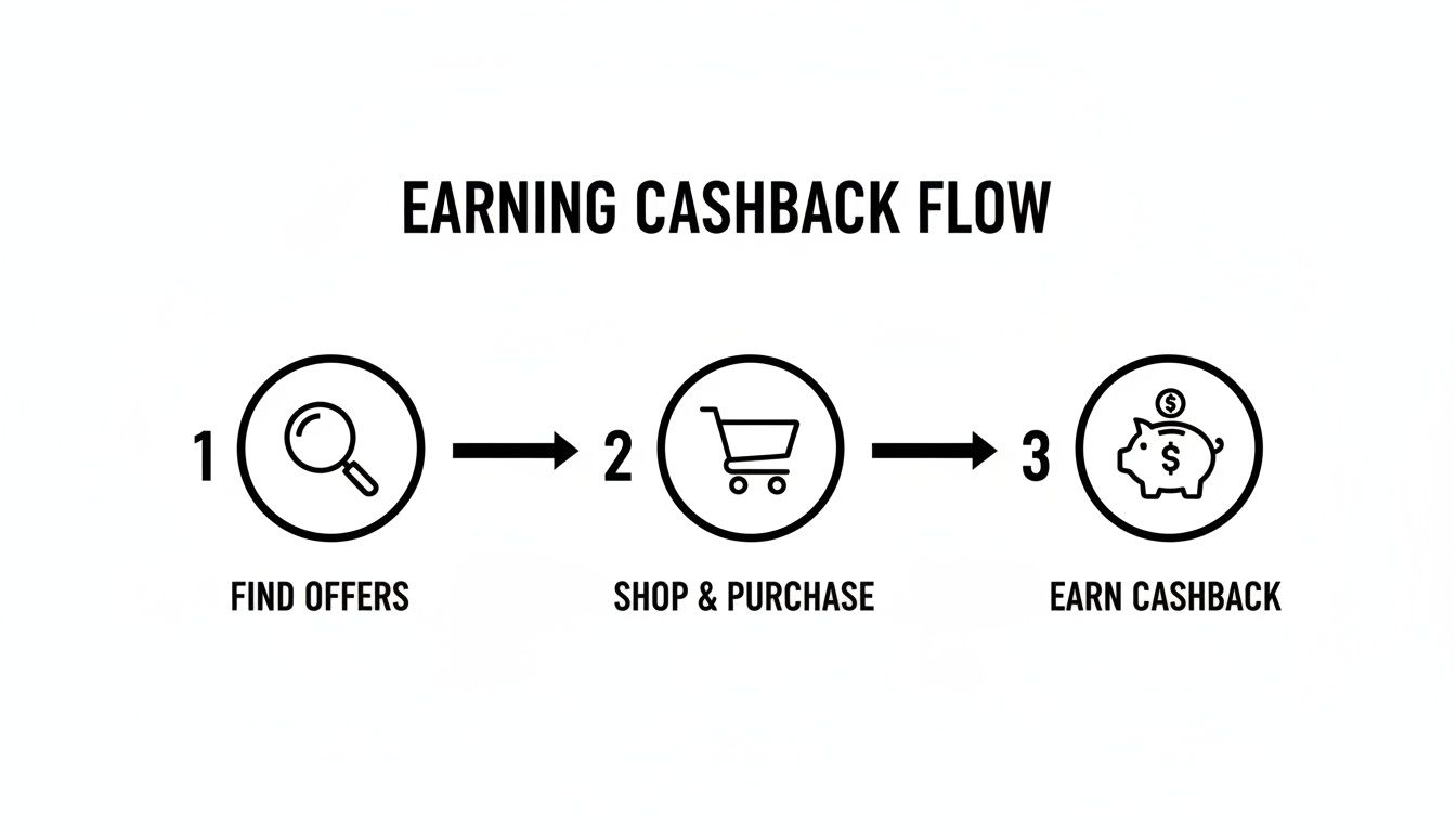Three-step flow diagram illustrating how to earn cashback: find offers, shop and purchase, then earn cashback.